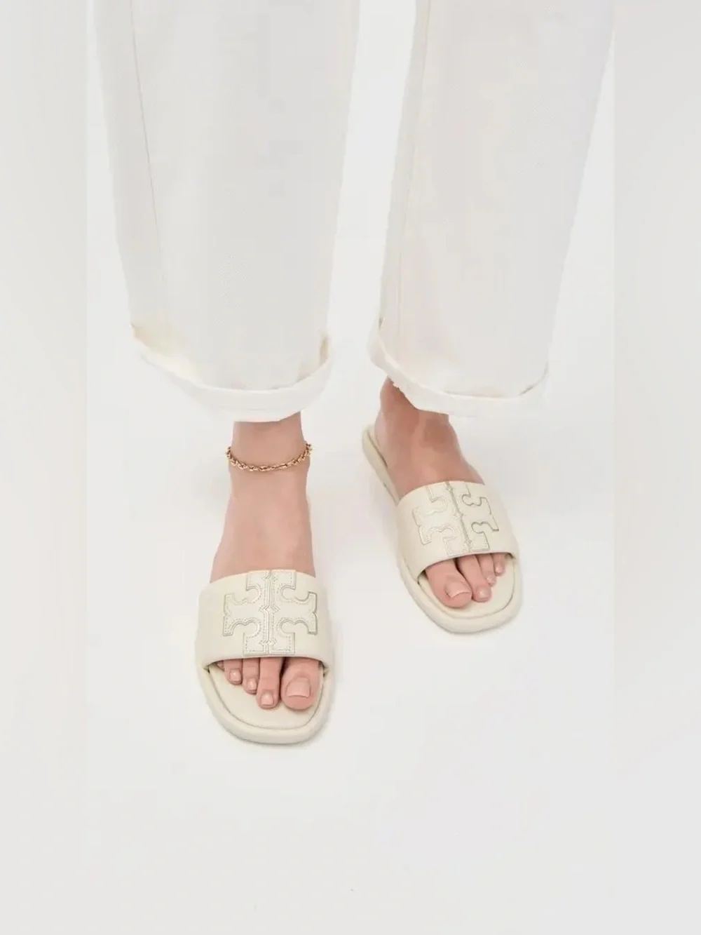 Tory Burch Double-T Monogram Padded Leather Slide Sandals in Light Cream SB9